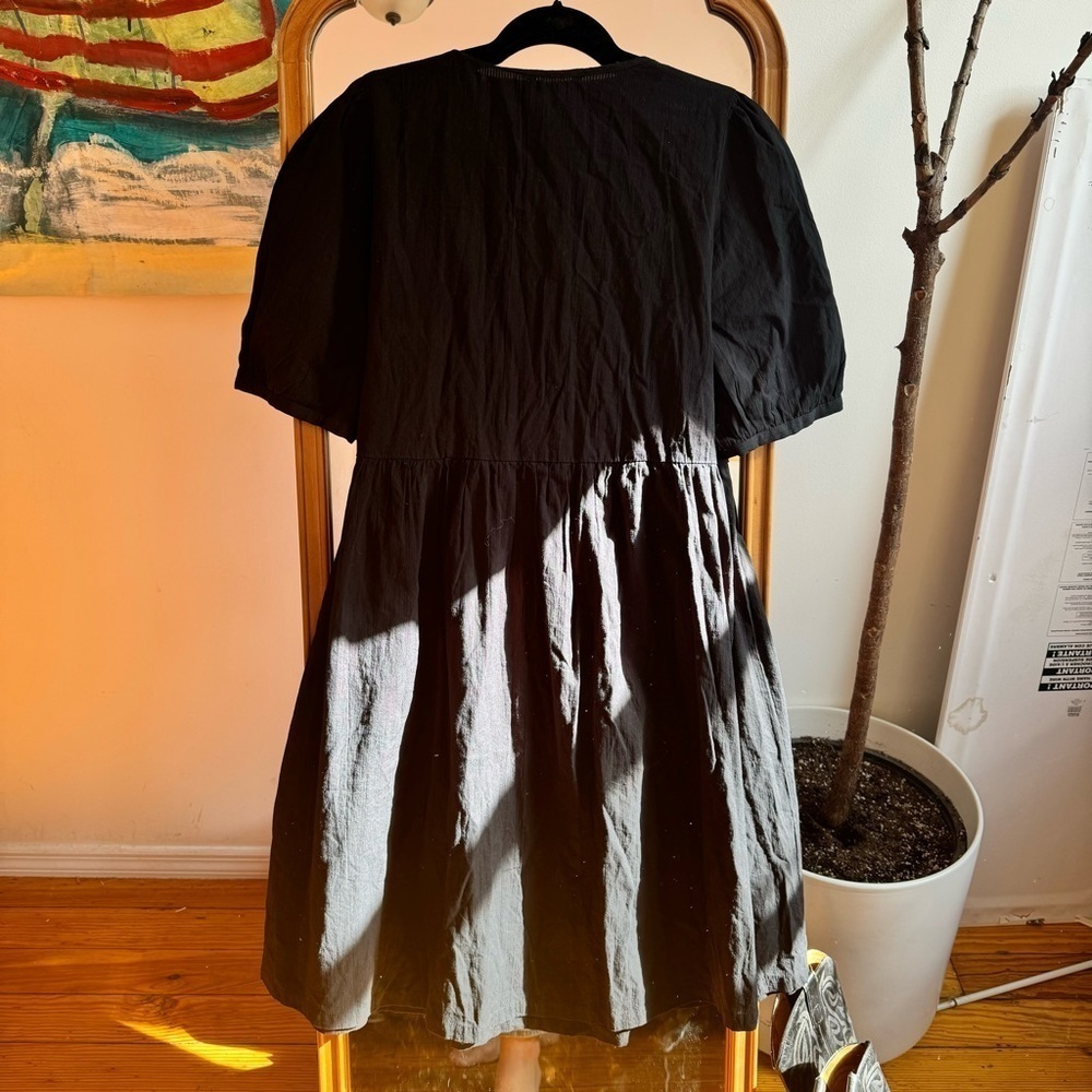 Nwt Monki Cotton Puff Sleeve Bow Detail Wrap Dress Black Midi Medium — image 3 of 4